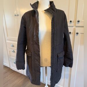 Prana dark gray lined long coat women’s size XS. Snap‎ and zip closure.